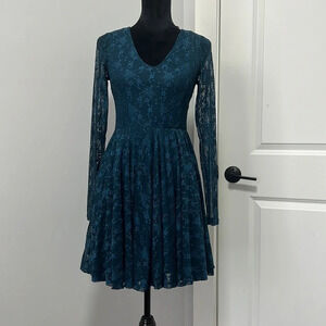 Altar'd State Teal Lace V-Neck Long Sleeve Fit & Flare Dress Size Small